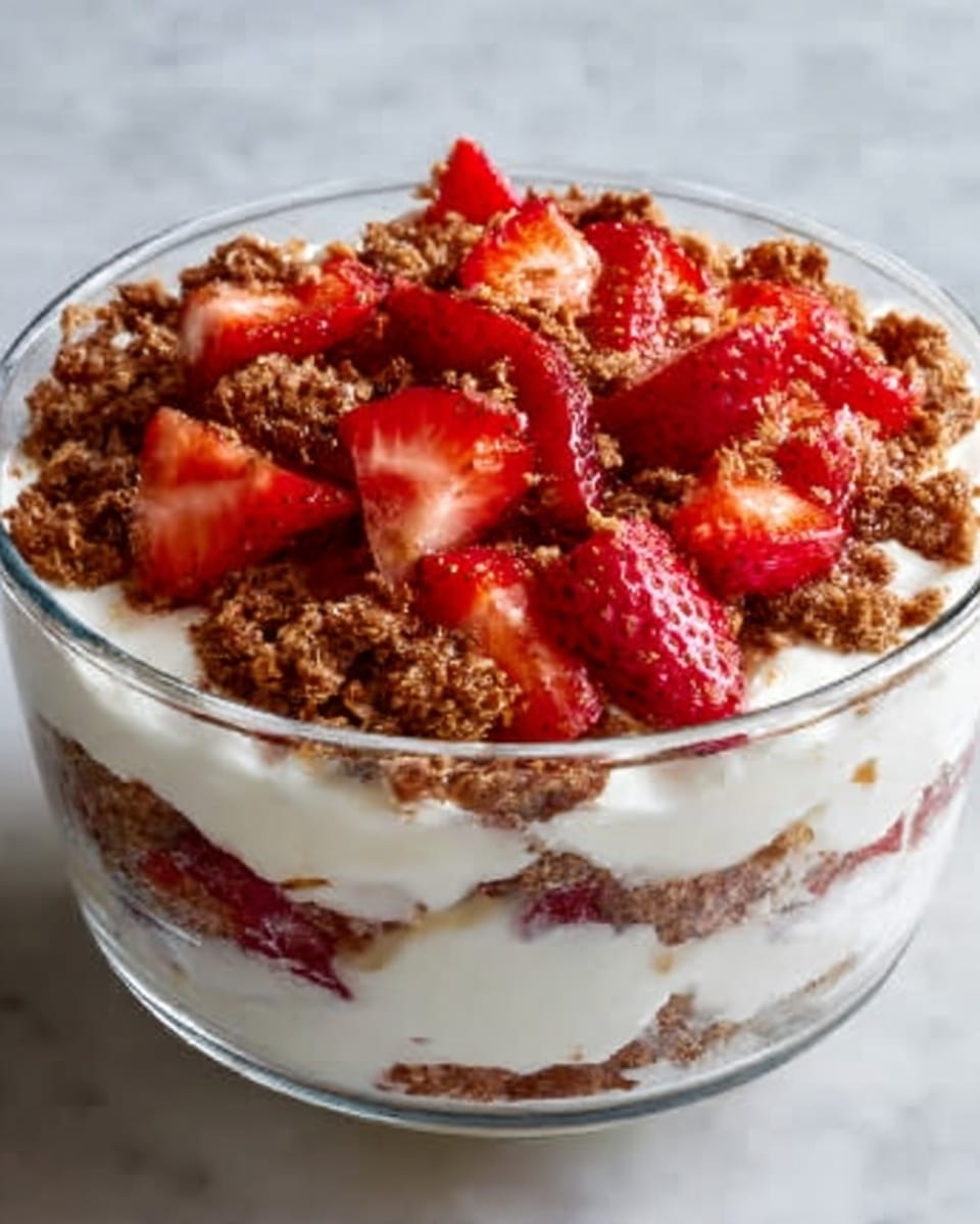 The image shows a clear glass bowl filled with layers of dessert. At the bottom, there is a crumbly brown layer that looks like crushed cookies or granola. Above that is a thick white creamy layer that appears smooth and soft. On top, there are bright red pieces of sliced strawberries scattered evenly, adding fresh color. The dessert looks rich and textured, with the red strawberries contrasting against the white cream and brown crumbs. The bowl sits on a white marbled surface, and a woman's hand is holding a spoon near the bowl. Photo taken with an iphone --ar 4:5 --v 7