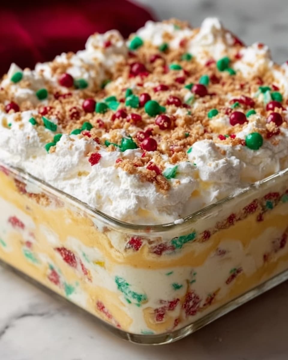 A clear glass bowl filled with a layered dessert featuring colorful bits throughout, topped with a thick layer of whipped cream decorated with tiny red and green sprinkles evenly spread. The dessert has multiple visible layers including a creamy white layer mixed with small red and yellow pieces, and a slightly yellowish cream base. The bowl is set on a white marbled surface with soft, warm lighting creating a cozy atmosphere. photo taken with an iphone --ar 4:5 --v 7