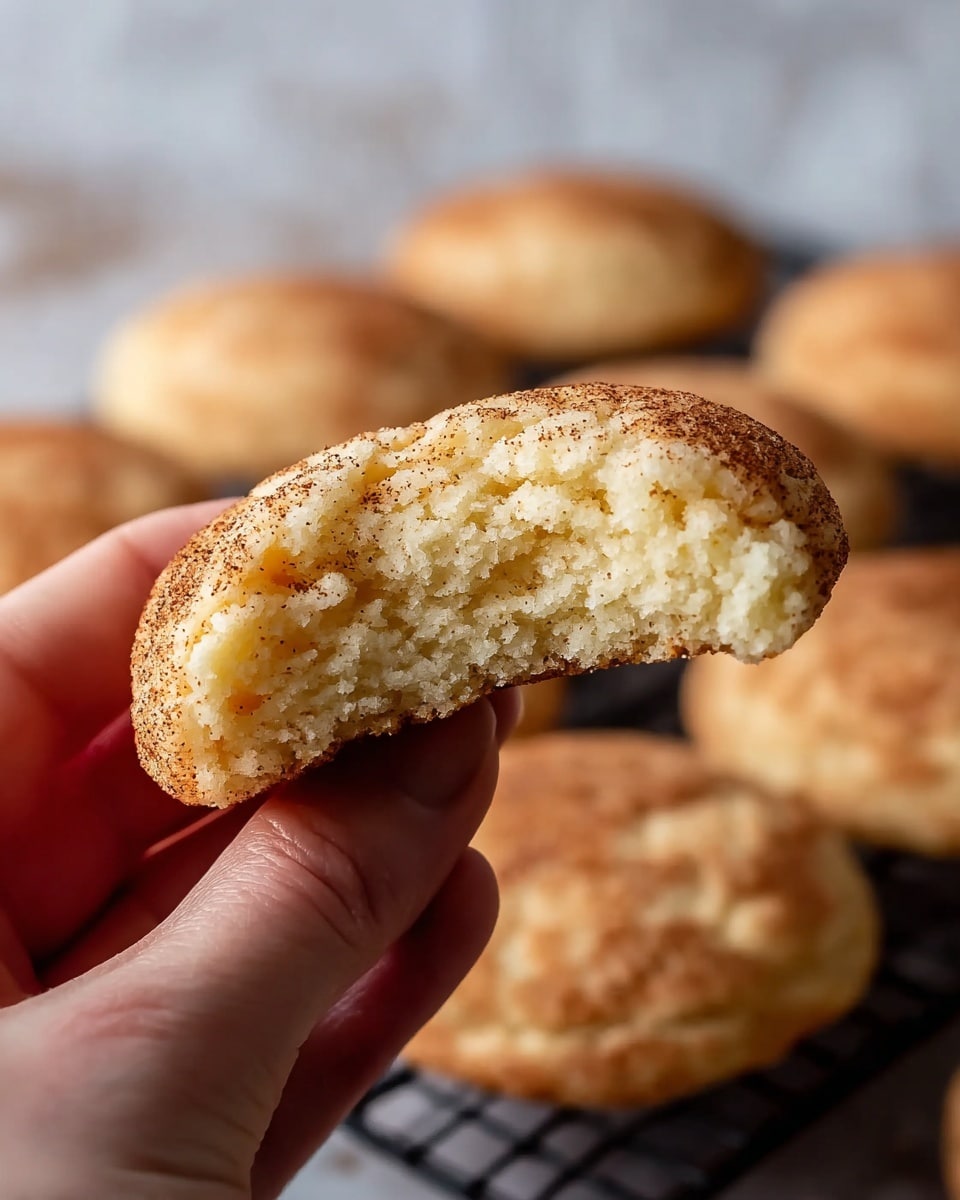 A close-up shows a woman's hand holding a piece of cookie with a bite taken out of it, revealing a soft, crumbly inside with a light yellow color. The cookie's outer layer is coated in a fine layer of cinnamon and sugar, giving it a light brown speckled look. In the background, several whole cookies with the same light brown, cinnamon-sugar coating rest on a black cooling rack over a white marbled surface. Photo taken with an iphone --ar 4:5 --v 7
