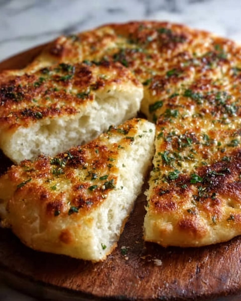 The image shows a round cheesy bread with a thick crust, golden brown on top with melted cheese covering the whole surface. The inside is soft and white with a dense texture, visible where a piece has been cut out. Some herbs and small bits of browned cheese sprinkle the top, adding color and texture contrast. The bread rests on a wooden board which is on a white marbled surface. Photo taken with an iphone --ar 4:5 --v 7