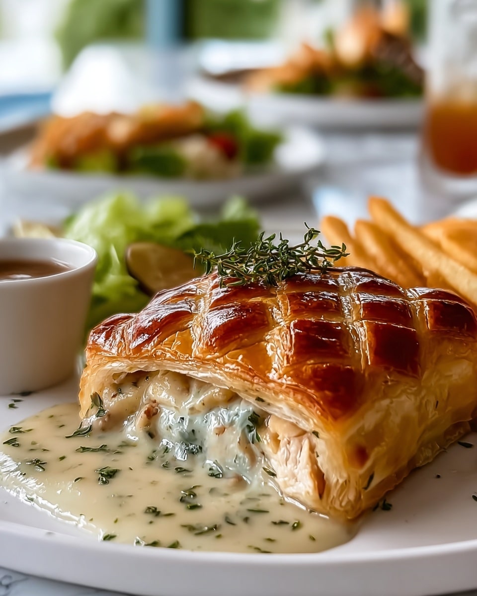 The image shows a golden brown baked pastry with a glossy, crispy top that is decorated with a sprinkle of green herbs and a small sprig of fresh thyme on top. The pastry is cut open to reveal two main layers inside: a thick layer of creamy white sauce with dark green herbs mixed in and a chunk of white chicken breast beneath it. The soft, flaky layers of the pastry crust surround the filling. The dish is placed on a white plate, and the background features a bowl with an out-of-focus serving of fries and salad on a white marbled surface. photo taken with an iphone --ar 4:5 --v 7