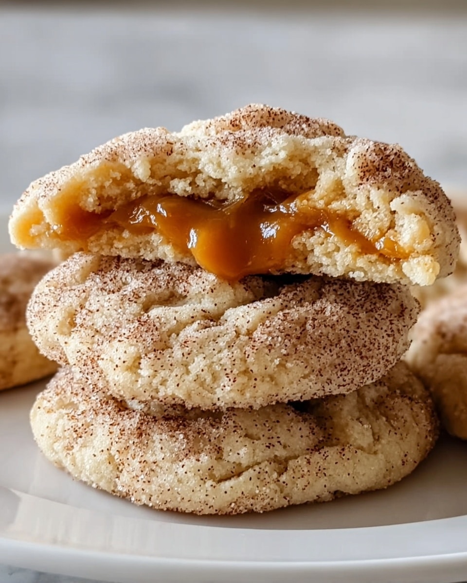 Two soft cookies covered with a mix of light brown cinnamon and sugar are stacked on a white plate, sitting on a white marbled surface. The top cookie is broken in half, showing a thick, shiny caramel filling that looks sticky and gooey, flowing slightly from the inside. The cookies have a rough, slightly cracked texture and a pale beige color beneath the cinnamon sugar coating. photo taken with an iphone --ar 4:5 --v 7