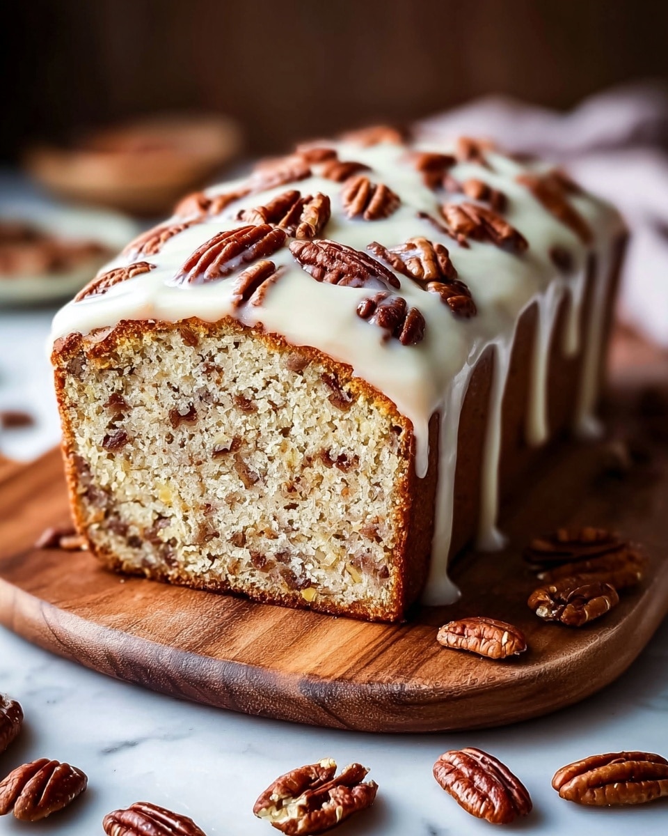 The image shows a loaf cake with one visible slice cut off revealing a spongy, light brown inside mixed with small darker bits. The cake is covered with a smooth, thick layer of white glaze that drips slightly down the sides. Whole and chopped pecan nuts are scattered generously on top of the glaze and some are placed around the wooden board beneath the cake. The cake rests on a wooden cutting board with a soft, blurred background. The surface underneath has been changed to a white marbled texture. photo taken with an iphone --ar 4:5 --v 7