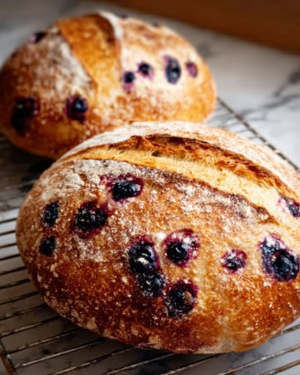 The image shows two round loaves of bread with a golden brown crust and a slightly rough texture. Each loaf has three diagonal slashes on top revealing an inner bread layer spotted with dark blue and purple blueberries. The crust looks crispy and sprinkled lightly with flour. The loaves rest on a round wire rack with fine grates over a white marbled surface. Photo taken with an iphone --ar 4:5 --v 7
