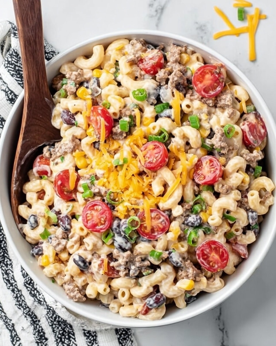 A white bowl filled with a layered macaroni salad showing small, round pasta mixed with creamy light-colored dressing, scattered with halved cherry tomatoes in bright red, small pieces of yellow corn, green peas, and bits of black olives. The salad also includes shredded cheddar cheese on top, with some mixed throughout, and small crumbles of cooked ground meat. A dark wooden spoon rests inside the bowl, partly covered by the salad. The bowl is set on a white marbled textured surface with a white cloth with black dots nearby. Photo taken with an iphone --ar 4:5 --v 7