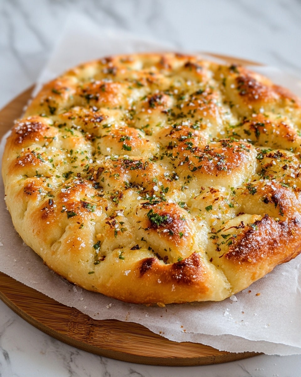 A round focaccia bread with a light golden crust sits on a piece of parchment paper over a wooden board, placed on a white marbled surface. The bread has a slightly puffy texture with visible dimples across the top. It is sprinkled with finely chopped green herbs, small bits of roasted garlic, and coarse grains of Parmesan cheese, creating a speckled look of green, white, and roasted brown on the warm yellow dough. The top shows small browned spots where the cheese and herbs have toasted, adding texture to the soft surface. The focaccia is partially cut into squares but remains whole in shape. Photo taken with an iphone --ar 4:5 --v 7