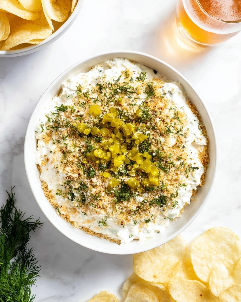 A white bowl sits on a white marbled surface, filled with a creamy dip as the base layer that is white with a soft, thick texture. The dip is topped with a generous sprinkle of finely crumbled light brown crumbs, giving it a crumbly texture layer. On top of the crumbs, there are small, bright yellow-green diced pickle pieces scattered, adding a fresh, chunky texture. Sprinkled finely over all are small bits of dark green herbs, likely dill, giving a vibrant, fresh finish to the dip. Surrounding the bowl are light beige potato chips with a crisp texture, partially shown at the top left and bottom right of the image. In the top right corner, a clear glass holds a light amber foamy drink. A small bunch of fresh green dill is placed in the bottom left corner. photo taken with an iphone --ar 4:5 --v 7