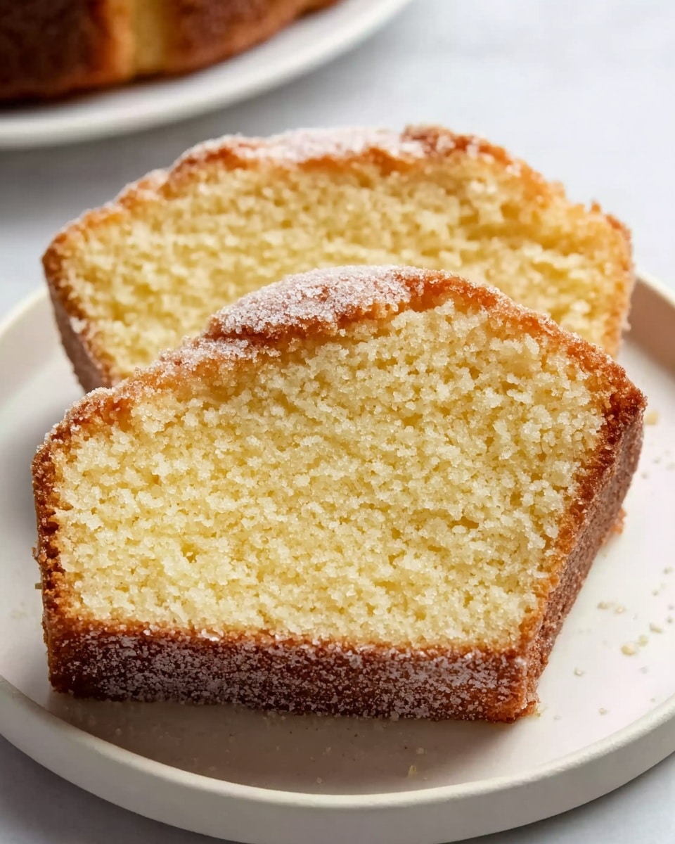 A close-up view of a white round plate holding two thick slices of a soft, light yellow sponge cake with a slightly crumbly texture. The top of each slice is covered with a golden-brown crust that looks crunchy and has a thin layer of sugary powder sprinkled on it. The edges of the cake slices are browned but not burnt. The plate sits on a white marbled surface, enhancing the warm, inviting look of the cake. Photo taken with an iphone --ar 4:5 --v 7