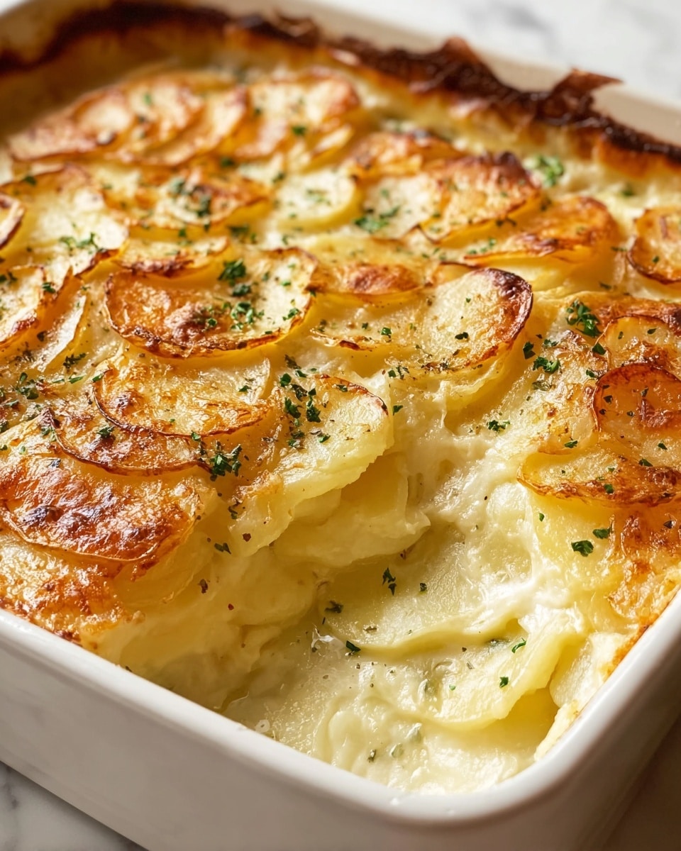The image shows a close-up of a white square baking dish filled with scalloped potatoes. The top layer is made of thin, curved slices of potato evenly roasted with a golden-brown crust, showing slight crisp edges. Underneath, creamy pale yellow potato layers are visible, soft in texture, with a few specks of green herbs sprinkled on top. The dish is slightly scooped out in one corner, revealing a smooth, creamy inside with melted butter glistening. The background features a white marbled surface. photo taken with an iphone --ar 4:5 --v 7