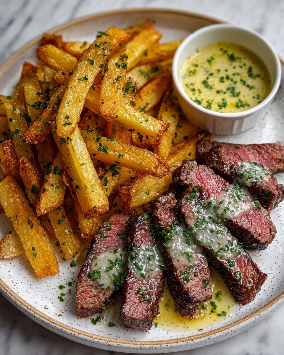 A white speckled plate holds a pile of golden brown thick-cut fries sprinkled with green herbs, surrounding five slices of medium-rare steak with a pink center and a seared dark crust on top, drizzled with melted butter and finely chopped herbs. To the upper right of the plate, a small white bowl is filled with a creamy, light yellow-green sauce flecked with herbs, completing the dish on a white marbled surface. photo taken with an iphone --ar 4:5 --v 7
