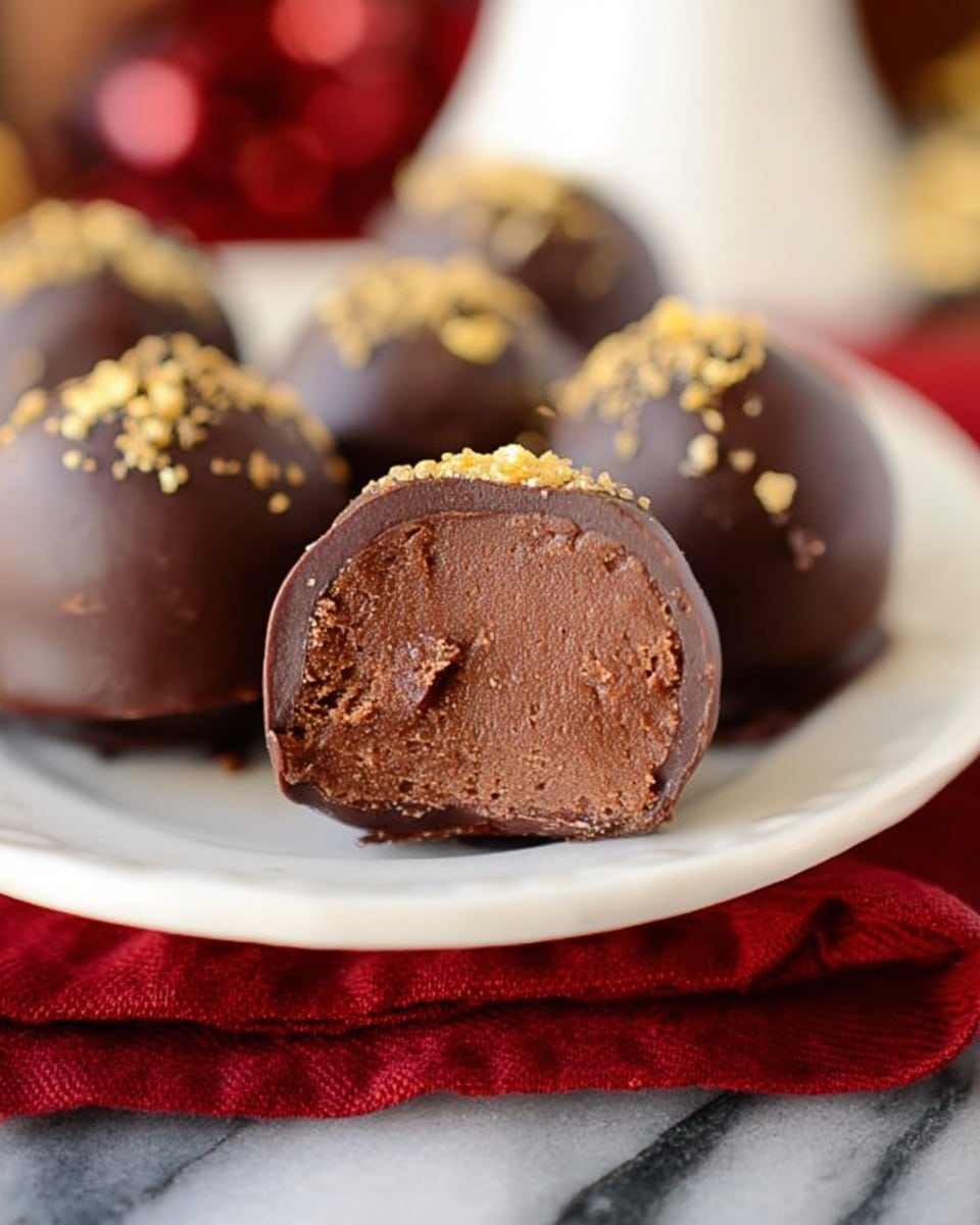The image shows a white plate with round chocolate truffles. One truffle is cut in half in the front, showing a smooth, dark brown chocolate filling with a creamy texture inside. The outer shell is a slightly darker chocolate layer, firm and shiny. The other truffles in the background have a small amount of golden sprinkles on top, adding a touch of sparkle. The plate rests on a red cloth on a white marbled surface. photo taken with an iphone --ar 4:5 --v 7