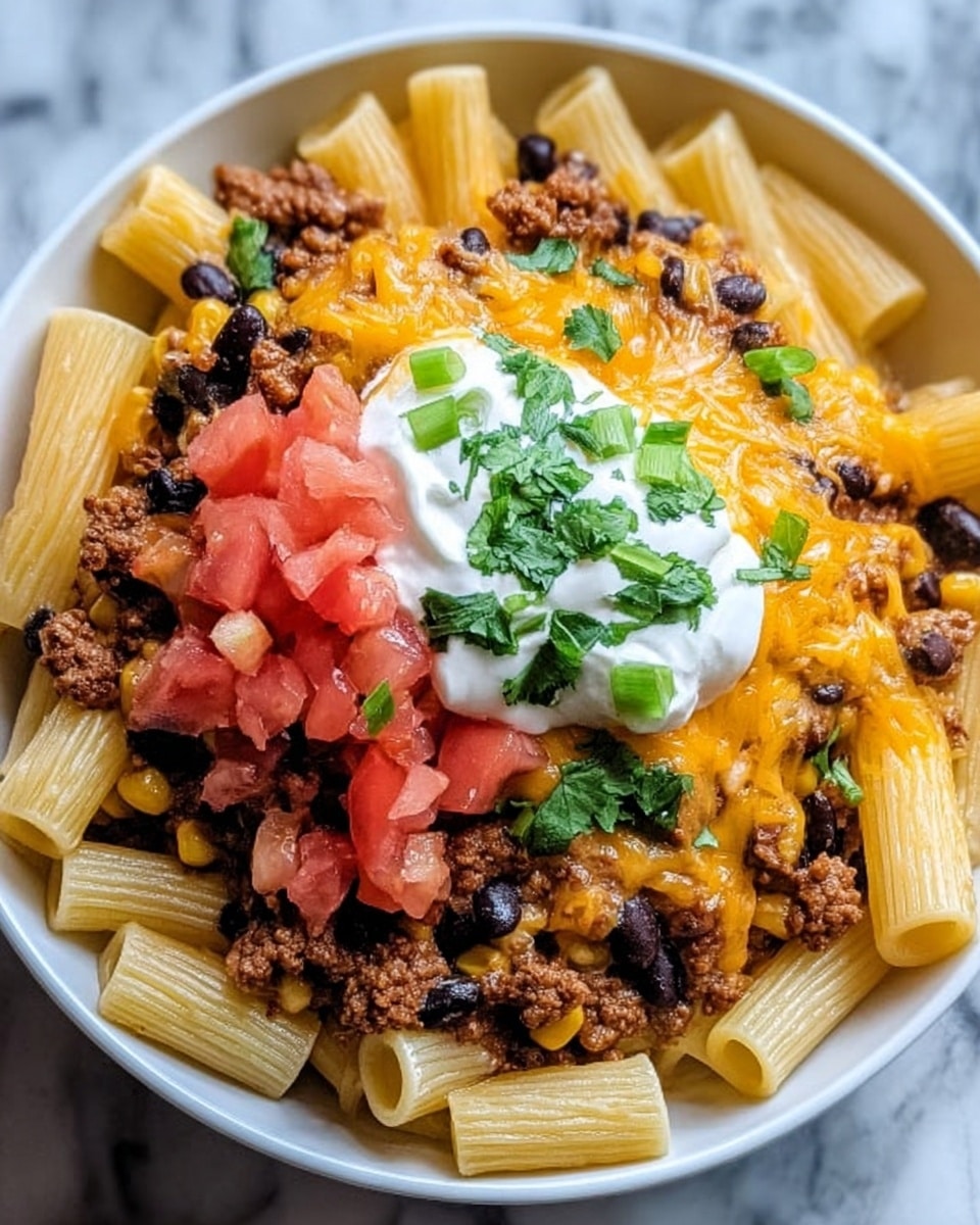 A white bowl filled with a layered pasta dish starts with rigatoni pasta as the base. On top, there is a mix of cooked ground meat, black beans, and corn, creating a textured brown, black, and yellow layer. Melted cheddar cheese blankets this mixture with a smooth, bright orange layer. Fresh diced tomatoes add a red, chunky layer scattered over the cheese. At the center, a dollop of white sour cream sits, topped with green chopped cilantro and small pieces of green onion, adding fresh color. The bowl is placed on a white marbled surface. photo taken with an iphone --ar 4:5 --v 7
