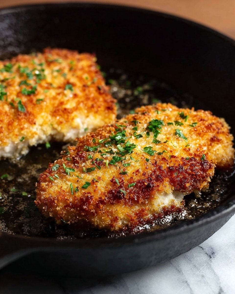 The image shows two pieces of golden brown breaded chicken cooking in a black cast-iron skillet. Each piece of chicken has a crispy, textured crust on top with small green herbs sprinkled all over, adding spots of fresh green color. The breaded layer is thick and crunchy, with some darker toasted spots for contrast. The chicken beneath the crust is white and slightly visible around the edges. The skillet sits on a surface that has been changed to white marble texture, though the skillet itself is black and shows some oil glistening around the chicken, giving the scene a rich, warm feeling. photo taken with an iphone --ar 4:5 --v 7