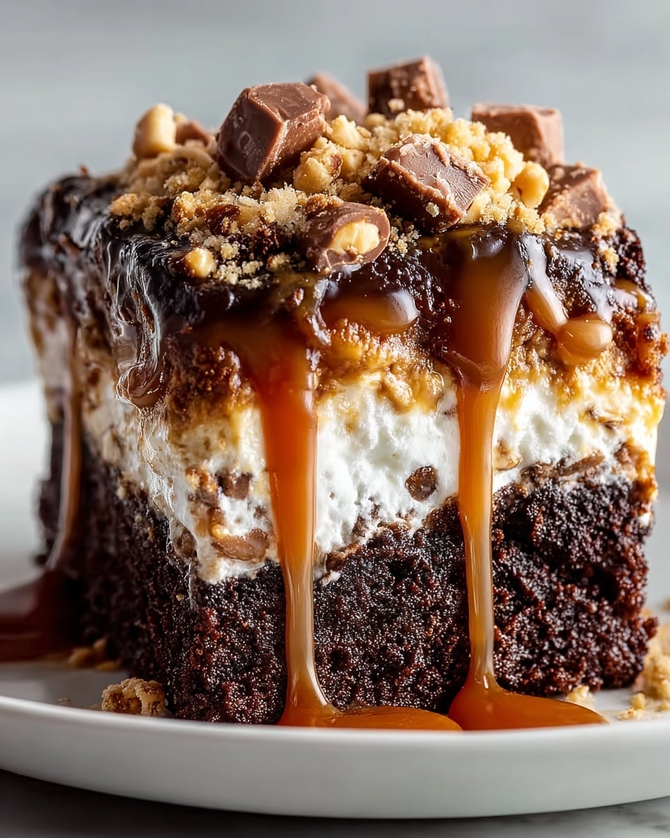 A thick square piece of chocolate dessert sits on a white plate with a white marbled background. The bottom layer is rich and dark chocolate cake, dense and moist with a slightly crumbly texture. Above this is a middle layer of white, fluffy marshmallow-like filling mixed with bits of chocolate and light brown graham cracker crumbs. The top layer is a smooth, glossy chocolate glaze covered with crushed peanuts and chunks of milk chocolate. Thick caramel sauce slowly drips down the sides, pooling slightly on the plate below. photo taken with an iphone --ar 4:5 --v 7