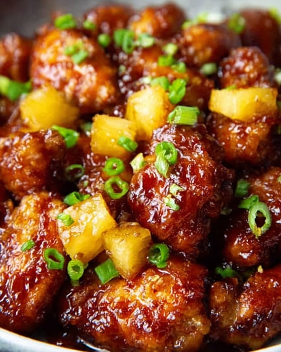 The image shows a close-up of golden-brown glazed chicken pieces mixed with small chunks of yellow pineapple. The chicken has a shiny, sticky sauce coating that looks thick and sweet, giving the meat a glossy texture. Small bits of green onion are sprinkled on top, adding a fresh contrast in color. The dish looks juicy and rich, with the pineapple pieces scattered evenly among the chicken. Photo taken with an iphone --ar 4:5 --v 7