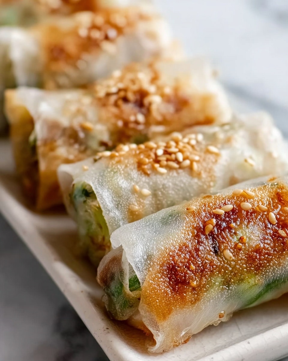 A close-up of five translucent spring rolls lined up on a long white plate, each roll showing slight golden-brown crisp spots on the thin rice paper skin with a sprinkle of white sesame seeds on top, the rolls reveal green and light fillings inside through the clear, shiny wrappers, with a soft, delicate texture visible on the surface, placed against a white marbled background. photo taken with an iphone --ar 4:5 --v 7