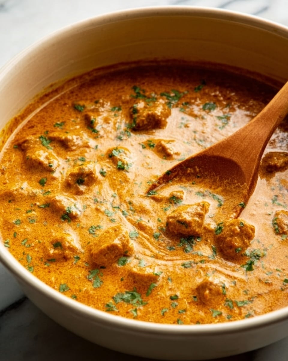 The image shows a close-up of a rich curry in a black pot, filled with tender chunks of meat in a thick, smooth orange-brown sauce. The curry is dotted with small green herb pieces on top, adding a fresh contrast to the warm color of the sauce. A wooden spoon is resting in the pot, partially covered with the curry, showing its creamy texture. The pot is placed on a white marbled surface. Photo taken with an iphone --ar 4:5 --v 7
