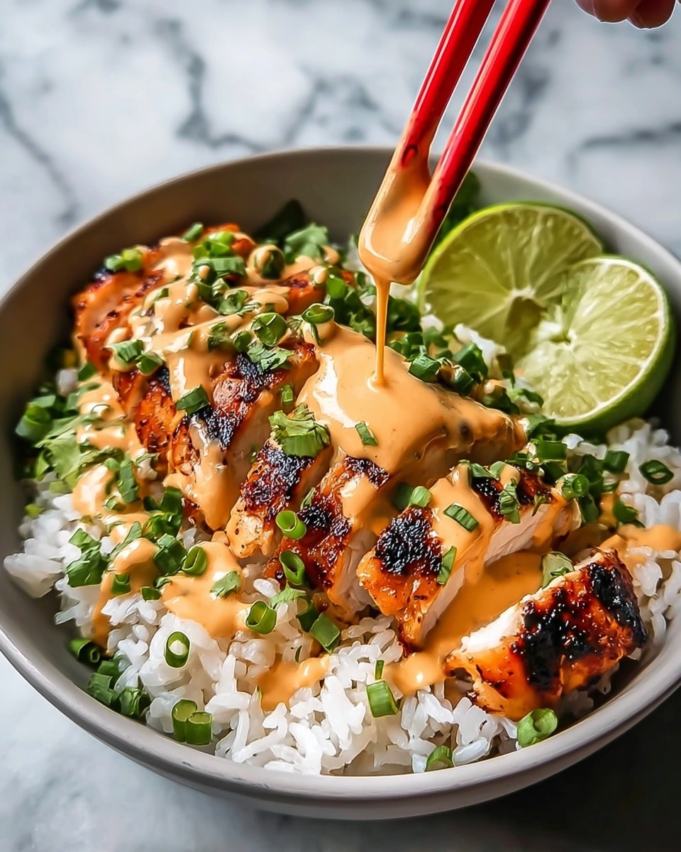 A bowl with a base layer of fluffy white rice topped with several pieces of grilled chicken, golden brown with charred black spots, arranged in a row. Drizzled over the chicken is a creamy, light orange sauce being poured from chopsticks held by a woman's hand, and sprinkled green herbs like chopped spring onions and cilantro. On the side, a few bright green lime wedges rest against the rice, all in a white bowl set on a white marbled surface. photo taken with an iphone --ar 4:5 --v 7