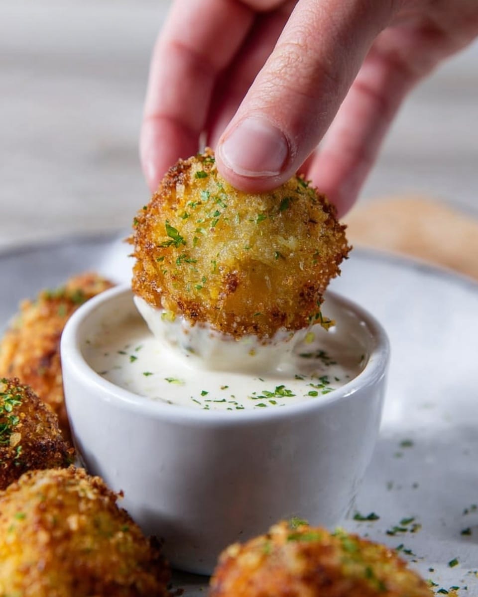 A close-up view shows a golden-brown, crispy fried bite-sized snack being dipped into a small, round, white metal cup filled with creamy white sauce. The fried piece is sprinkled with small green herb flakes and has a rough, crunchy texture. A woman's hand gently holds the snack between fingers as it is dipped. In the background, there are more of the same fried snacks partially visible on a white marbled surface. photo taken with an iphone --ar 4:5 --v 7
