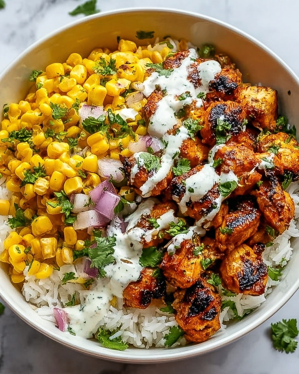 A white bowl filled with three clear layers: at the bottom, a base of fluffy white rice with a soft texture; on the left side, a bright yellow layer of cooked corn kernels; on top and to the right, charred and grilled chunks of orange-tinted chicken garnished with fresh green cilantro leaves. The chicken is topped with a drizzle of creamy white sauce and small pieces of chopped red onion scattered over the dish. The bowl sits on a white marbled surface with a few green cilantro leaves scattered around. photo taken with an iphone --ar 4:5 --v 7