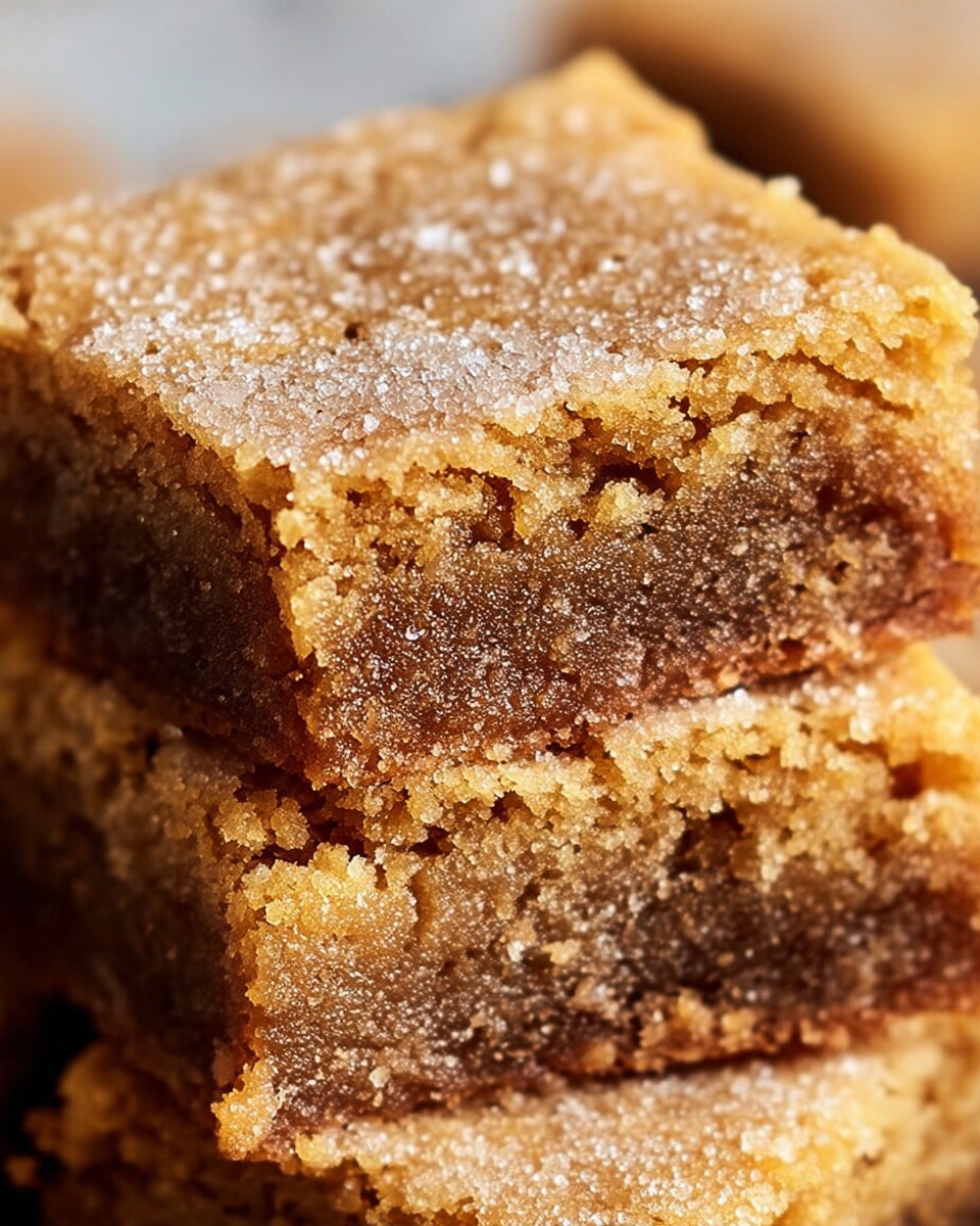 The image shows a close-up of a soft, square-shaped blondie with two layers: the top layer is a golden brown crumbly texture with a light dusting of sugar crystals sparkling on the surface, while the bottom layer is slightly darker and denser with a chewy, rich look. The blondie is stacked on another similar square in the background, all placed on a white marbled surface that is blurred out to keep focus on the texture and color contrast of the pastry itself. photo taken with an iphone --ar 4:5 --v 7