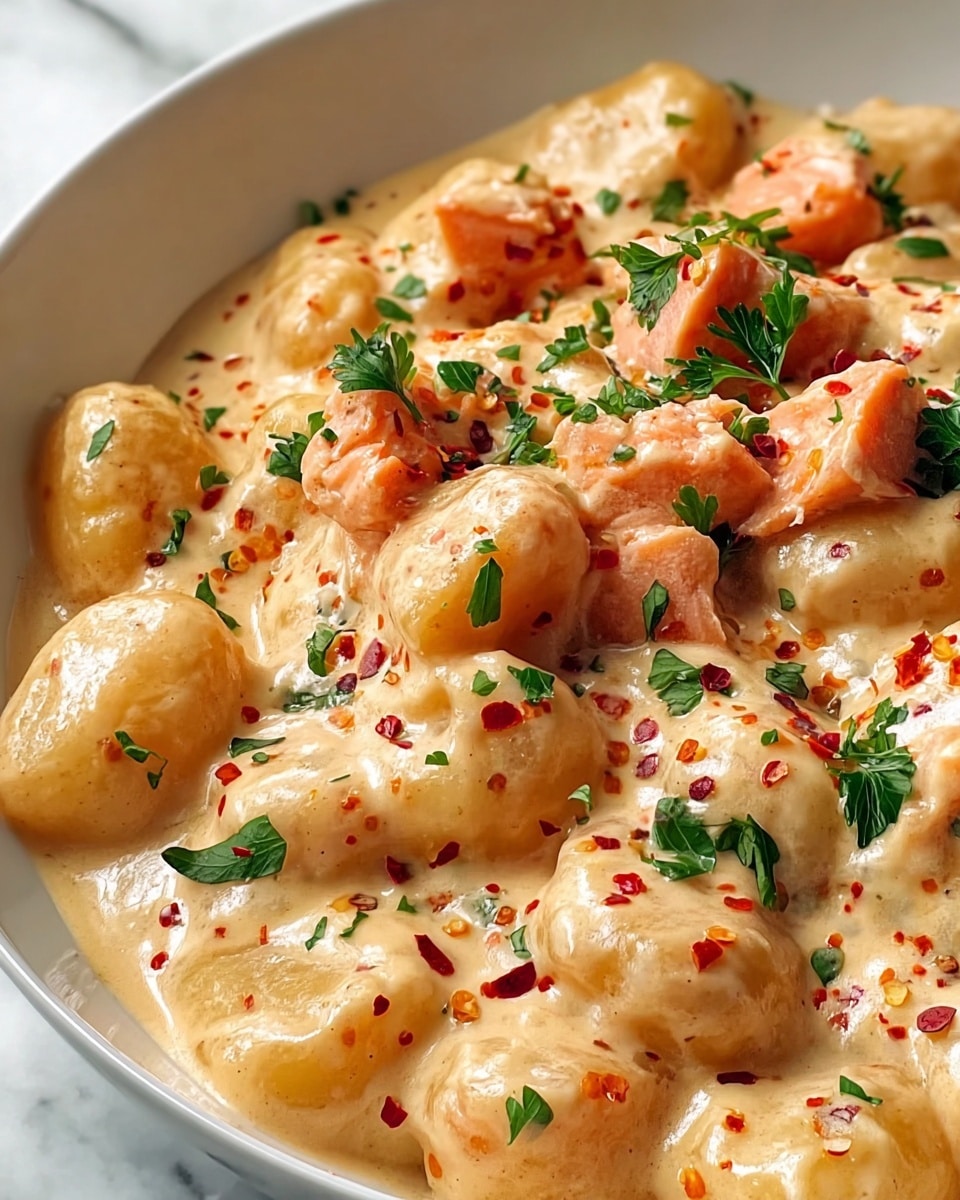 A close-up view of a white bowl filled with soft, round gnocchi covered in a thick, creamy light beige sauce. Scattered on top are small chunks of orange salmon with a slightly shiny texture and fresh green parsley leaves, adding contrast. Tiny red chili flakes are sprinkled evenly over the dish, giving it a pop of color. The sauce looks rich and smooth, coating each gnocchi piece fully, while the salmon adds a tender, flaky layer. The bowl sits against a white marbled background, highlighting the warm colors of the food. photo taken with an iphone --ar 4:5 --v 7