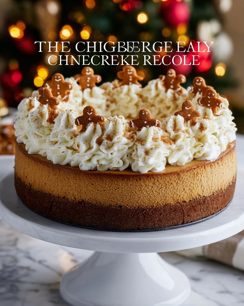 A round gingerbread cheesecake sits on a white cake stand, showing two main layers: a thick, dense darker brown crust at the bottom and a lighter brown, smooth cheesecake layer above it. On top, there are ten evenly spaced swirls of white whipped cream with a dusting of cinnamon powder and tiny bits of gingerbread crumbs. Small gingerbread man cookies peek out behind some swirls on the back half of the cake. The background is a soft, blurred Christmas tree with glowing warm lights and red ornaments, all set on a white marbled surface. Photo taken with an iphone --ar 4:5 --v 7
