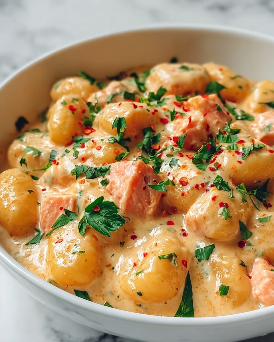 A close-up view of a white bowl filled with soft, round gnocchi covered in a thick, creamy light orange sauce. Mixed within the gnocchi are chunks of pink salmon, giving a slightly rough texture contrast. Bright green parsley leaves are scattered over the dish, adding a fresh touch along with small red pepper flakes sprinkled across the sauce. The smooth sauce shines under soft light, and the bowl sits on a white marbled surface. photo taken with an iphone --ar 4:5 --v 7