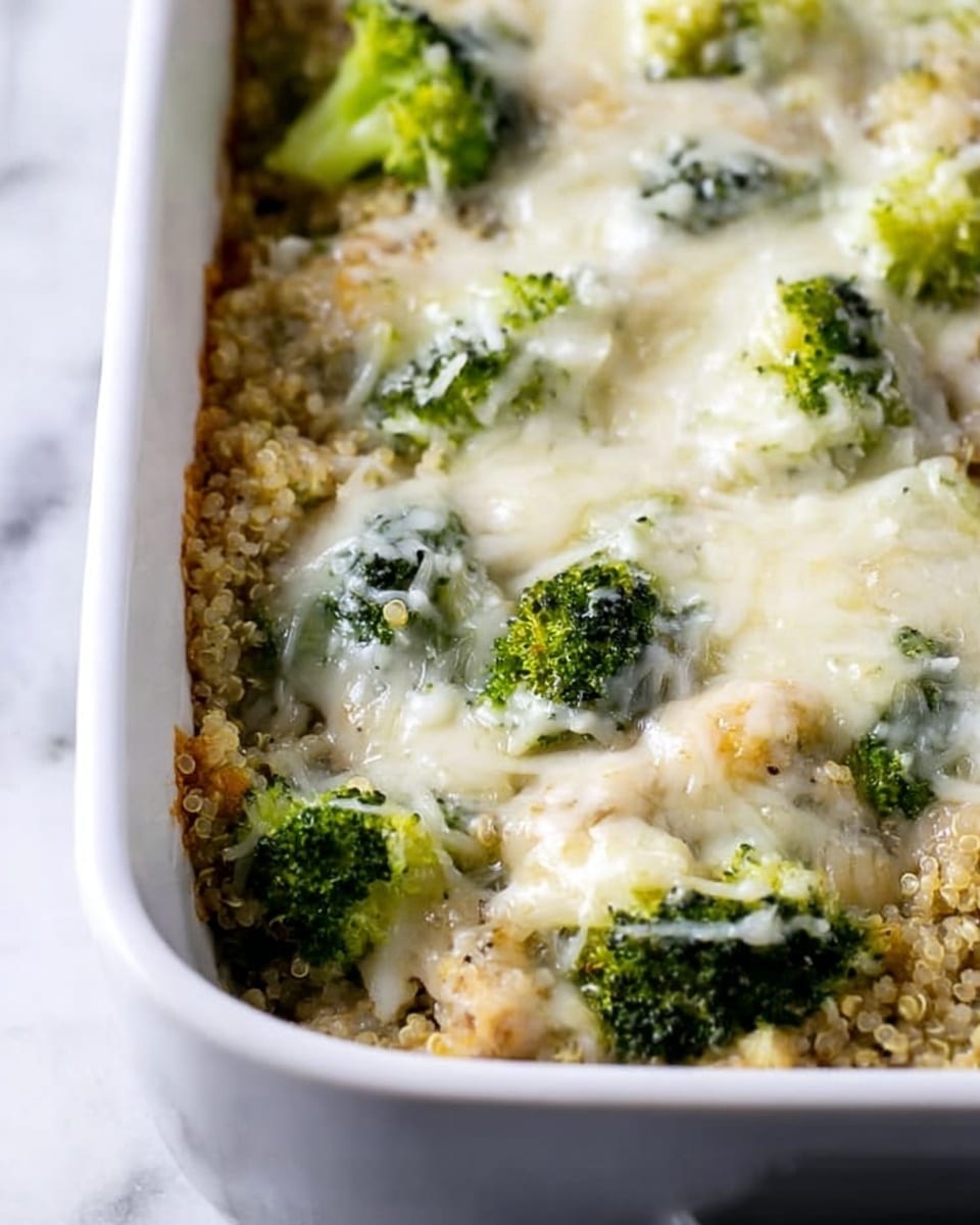 A close-up of a white rectangular baking dish filled with a broccoli casserole. The top layer is melted white cheese with an uneven, gooey texture, mixed with small, bright green broccoli florets. Below the cheese, there is a creamy, light beige sauce that looks smooth and thick, with small bits of broccoli and possibly quinoa or grains mixed in. The edges of the dish display a slightly browned, crispy crust from baking. The dish is set on a white marbled surface. photo taken with an iphone --ar 4:5 --v 7