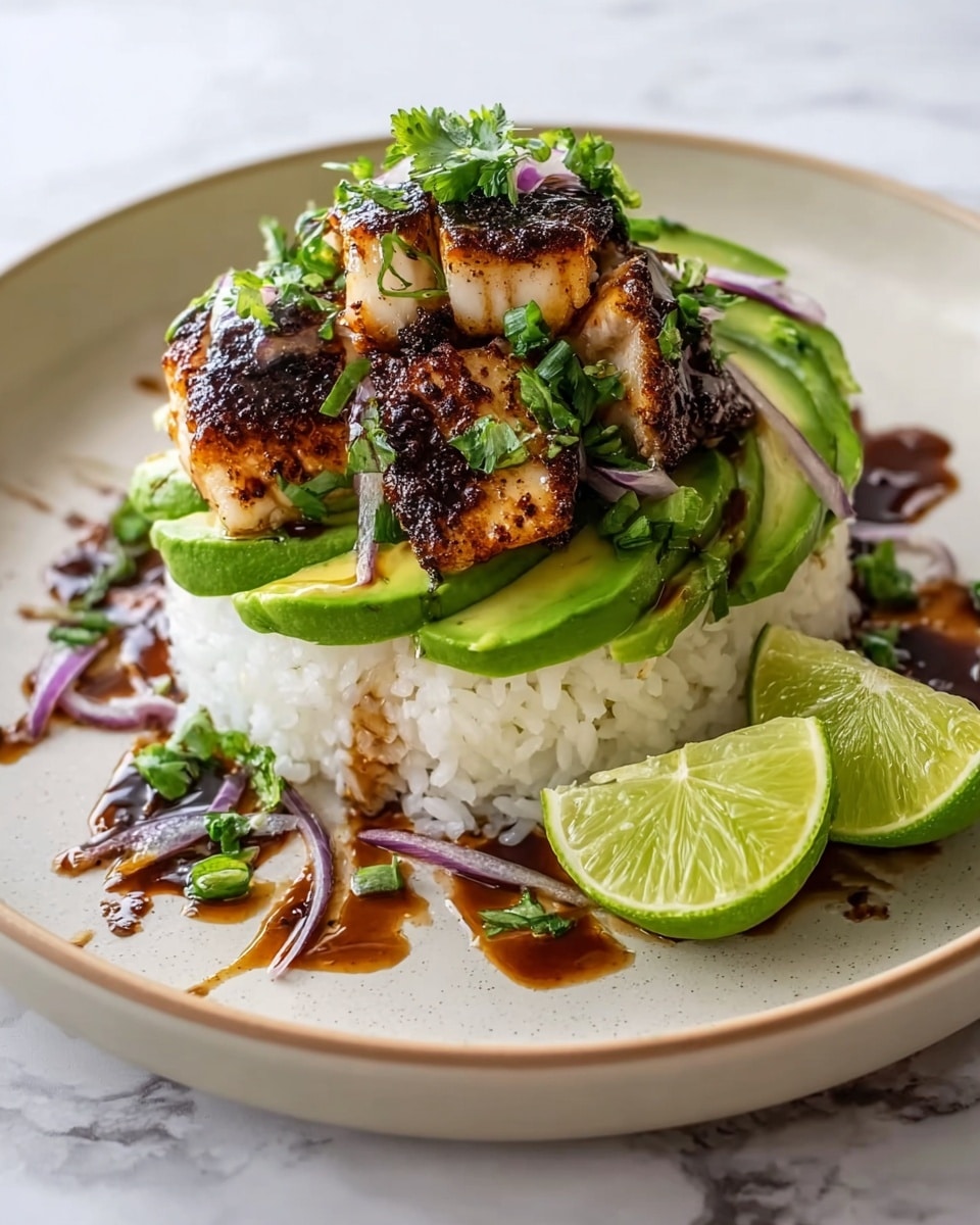 A round white plate holds a three-layer dish placed on a white marbled surface. The bottom layer is a neat mound of soft white rice, topped by several slices of fresh green avocado arranged in a fan pattern. Above the avocado, there are chunks of grilled fish with a dark, crispy, and slightly charred outer texture. Scattered thin slices of purple onion and small pieces of green herbs are spread on and around the fish. A dark brown sauce is drizzled over the dish and pooled slightly on the plate. On the side, two halves of bright green lime add a fresh contrast. photo taken with an iphone --ar 4:5 --v 7