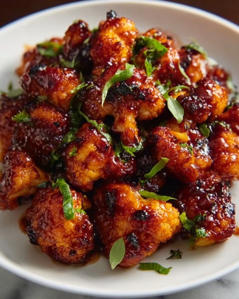 The image shows a white plate filled with bite-sized pieces of cauliflower covered in a thick, glossy, reddish-brown sauce. The cauliflower pieces are crispy on the outside with some charred spots, and the sauce glistens under the light. Small green herb leaves are scattered on top, adding a touch of freshness and color contrast. The white marbled surface under the plate enhances the dish's vibrant colors. photo taken with an iphone --ar 4:5 --v 7