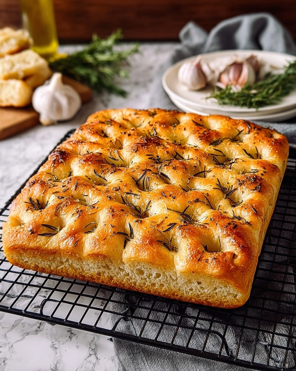 A square focaccia bread with a golden brown crust sits on a black cooling rack over a white marbled textured background. The bread shows multiple dimpled indentations filled with dark green rosemary leaves scattered across the surface, and the crust looks crispy with a slightly shiny, oily texture. The edges are puffed and golden, with a soft and airy inside visible at the dimples. In the background, there is a grey kitchen towel, some garlic bulbs, green herbs, and a small white plate with torn bread pieces, all placed on the same white marbled textured surface. Photo taken with an iphone --ar 4:5 --v 7