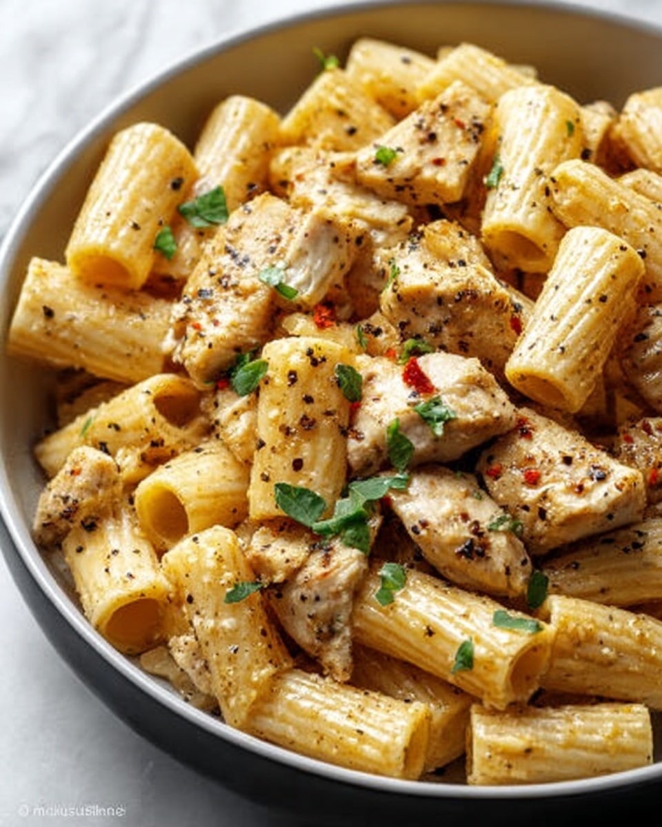 A white plate holds a creamy rigatoni pasta dish topped with chunky pieces of browned meat. The pasta is coated in a rich light orange sauce with a smooth texture, surrounded by tender meat pieces with a seared, slightly crispy outer layer. Garnished with fresh green herbs and small bits of red pepper, the dish looks hearty and colorful. The plate sits on a white marbled surface. Photo taken with an iphone --ar 4:5 --v 7