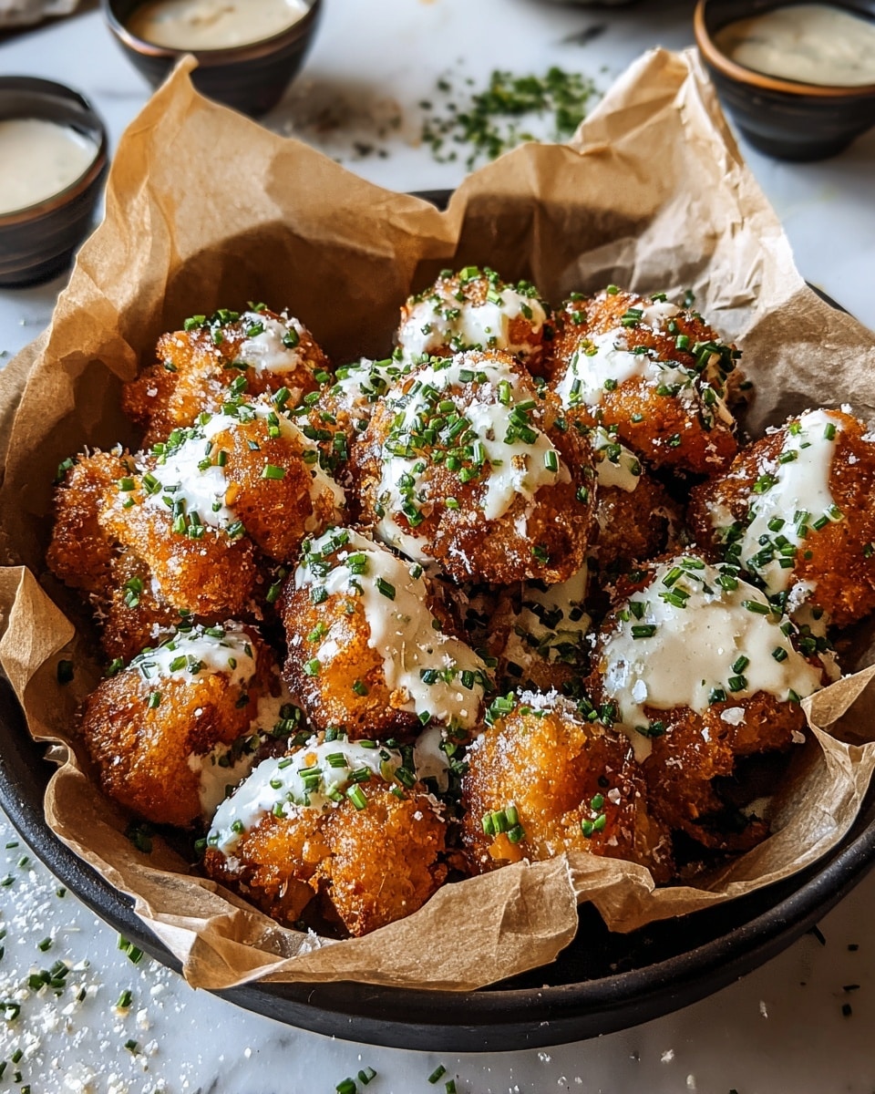 The image shows a white bowl lined with brown parchment paper, filled with a pile of golden brown fried cauliflower bites. The cauliflower pieces are coated in a crispy textured batter, topped with a drizzle of creamy white sauce, and sprinkled with finely chopped green herbs. The bowl sits on a white marbled surface with some scattered herb bits nearby, and small black bowls containing more sauce can be seen in the background. Photo taken with an iphone --ar 4:5 --v 7