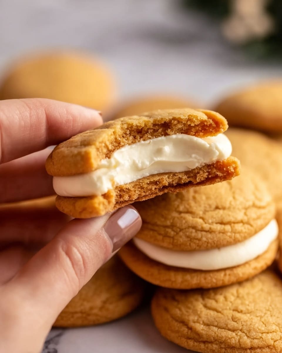 A close-up image showing a woman's hand holding a small cookie with a creamy white filling inside. The cookie is golden brown with a soft texture visible around the bite mark, revealing one layer of cookie on top, a thick creamy white middle layer, and another cookie layer at the bottom. Several whole cookies with similar golden brown color and slightly cracked surfaces are piled up in the background. The scene is set on a white marbled surface, creating a clean and bright setting. Photo taken with an iphone --ar 4:5 --v 7