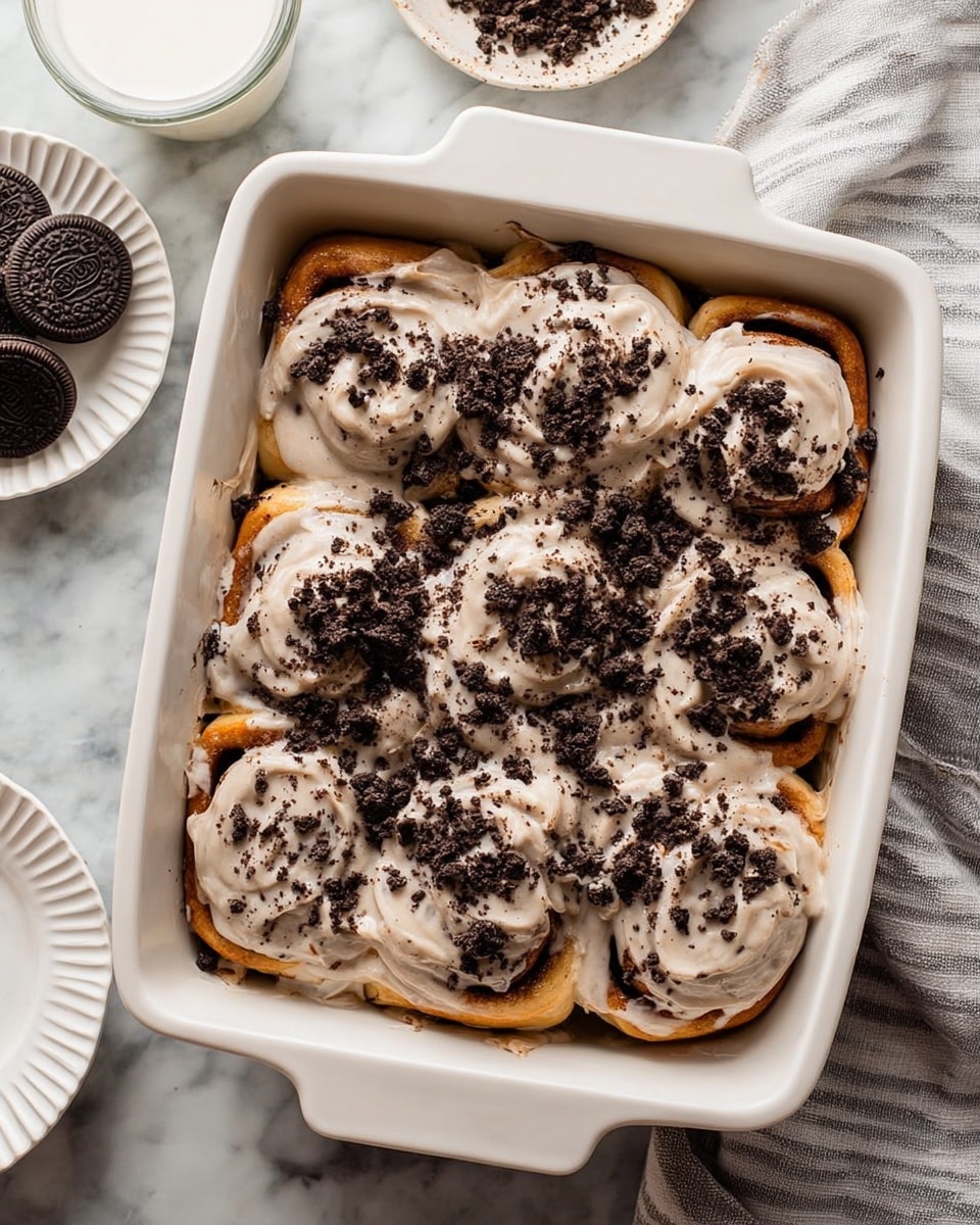 A white rectangular baking dish filled with nine cinnamon rolls that are covered with a thick layer of light brown cream frosting, sprinkled generously with crushed dark chocolate cookie crumbs. The cinnamon rolls show hints of golden brown peeking through the creamy topping. The dish sits on a white marbled surface, and nearby there is a white bowl with whole chocolate cookies and a white fluted plate. A woman's hand holding a glass of milk is visible in the corner. photo taken with an iphone --ar 4:5 --v 7