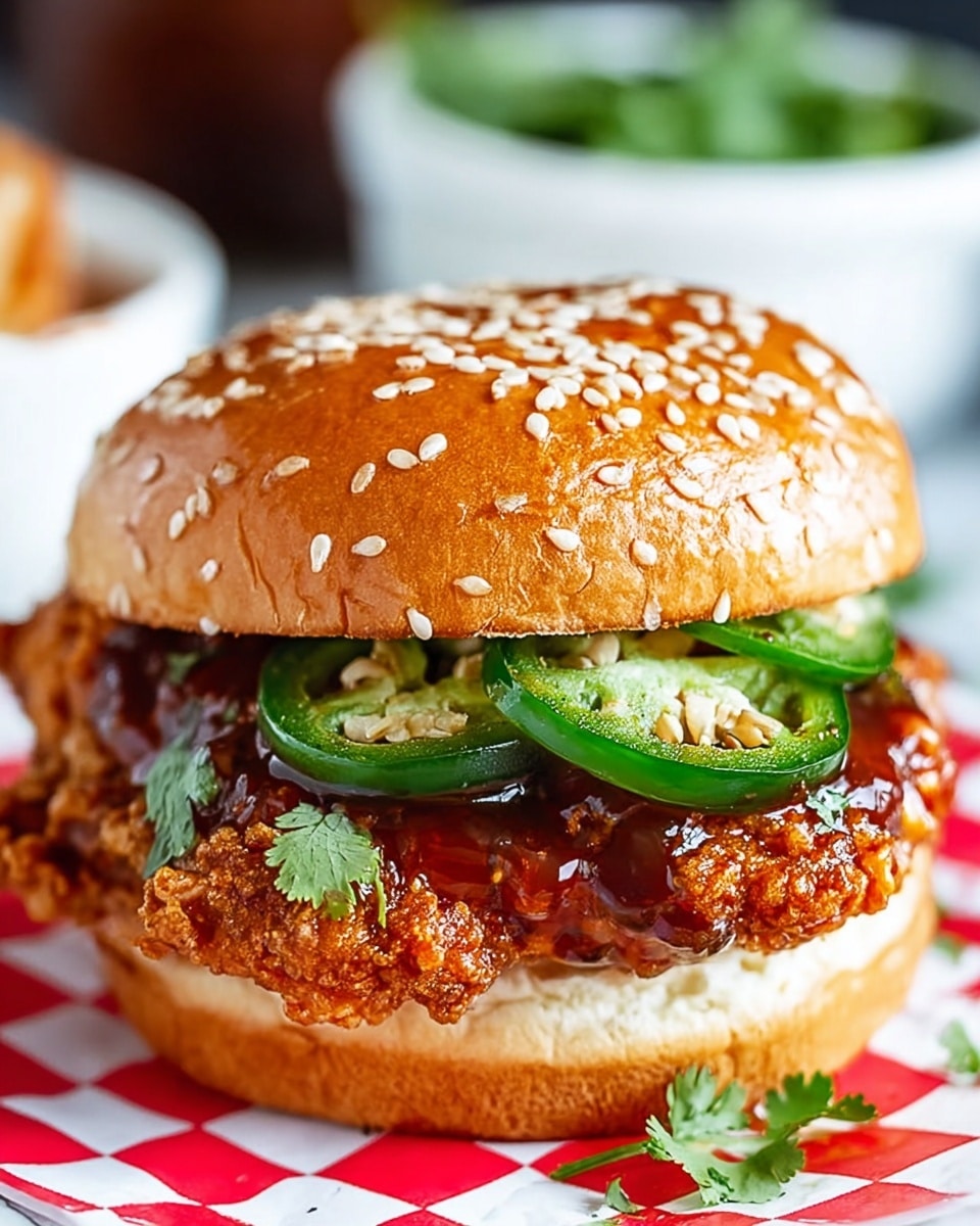 A close-up view of a fried chicken sandwich on a sesame seed bun. The sandwich has three main layers: the bottom bun which is soft and light brown, a thick piece of crispy fried chicken with a golden brown crust coated in a shiny spicy glaze, and three slices of glossy dark green jalapeño peppers on top, garnished with small cilantro leaves. The top bun is golden brown with sesame seeds scattered evenly. The sandwich is placed on a white plate with a red and white checkered paper beneath, resting on a white marbled surface. In the blurry background, there is a white bowl with green herbs visible. photo taken with an iphone --ar 4:5 --v 7
