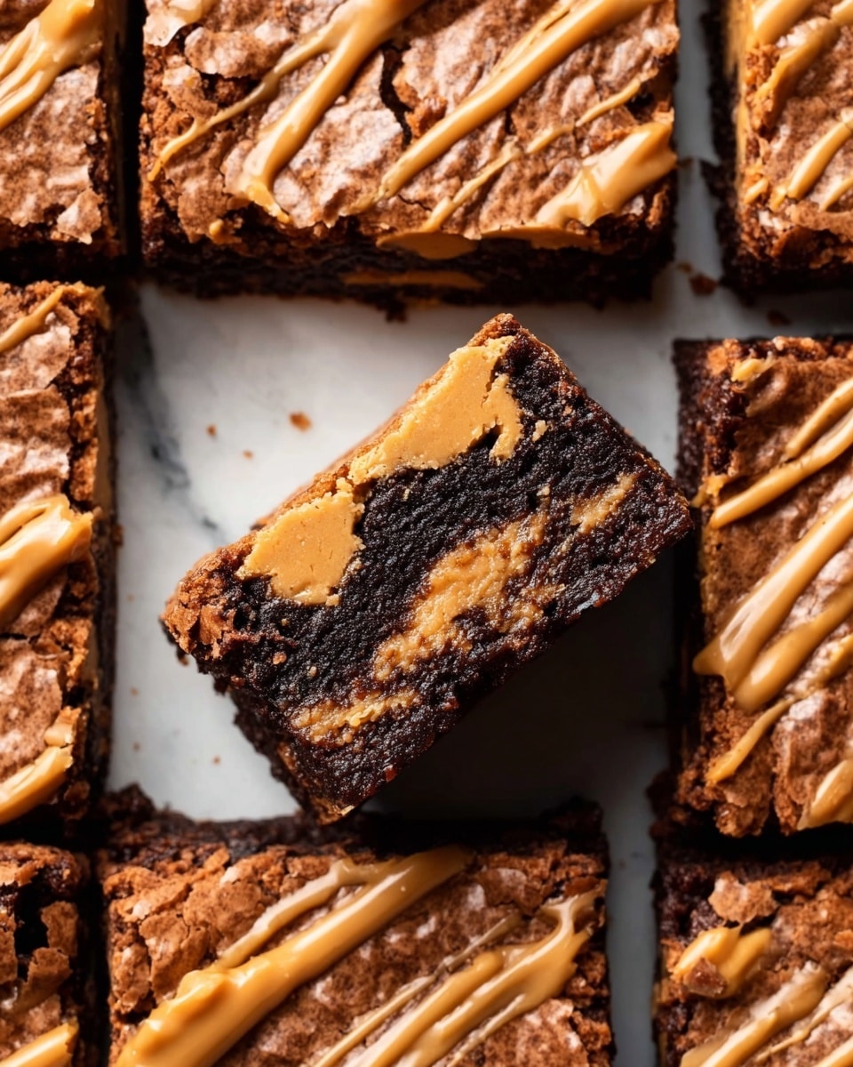 This image shows a close-up top view of square brownie pieces arranged on a white marbled surface. Each brownie has two clear layers: a dense, dark chocolate bottom layer and a lighter brown peanut butter top layer. The peanut butter layer is smooth with a soft, slightly cracked texture, and there are thin peanut butter drizzles on the top of every brownie square. The brownie in the center is slightly lifted and turned sideways, showing the thick layers clearly and highlighting the contrast between the rich dark chocolate and creamy peanut butter. Photo taken with an iphone --ar 4:5 --v 7