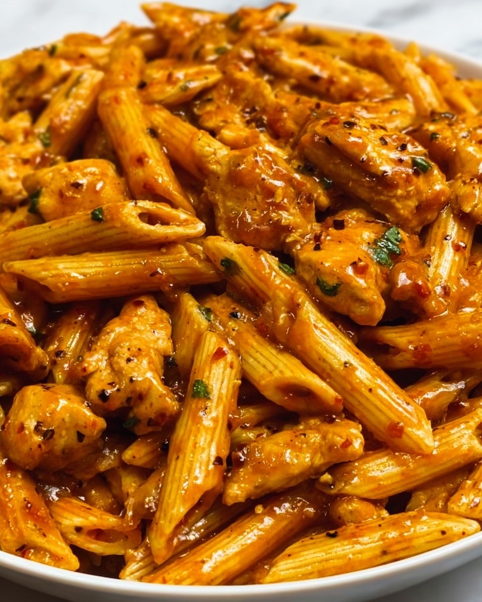 A close-up view of a white bowl filled with three layers of penne pasta mixed with small pieces of cooked chicken. The pasta is covered evenly in a glossy, rich orange-brown sauce with visible herbs and bits of seasoning. The chicken pieces are light golden brown and scattered throughout the pasta, adding texture and color contrast. The sauce looks thick and smooth, clinging well to each piece of pasta. The background shows a white marbled texture that highlights the dish's warm tones. Photo taken with an iphone --ar 4:5 --v 7