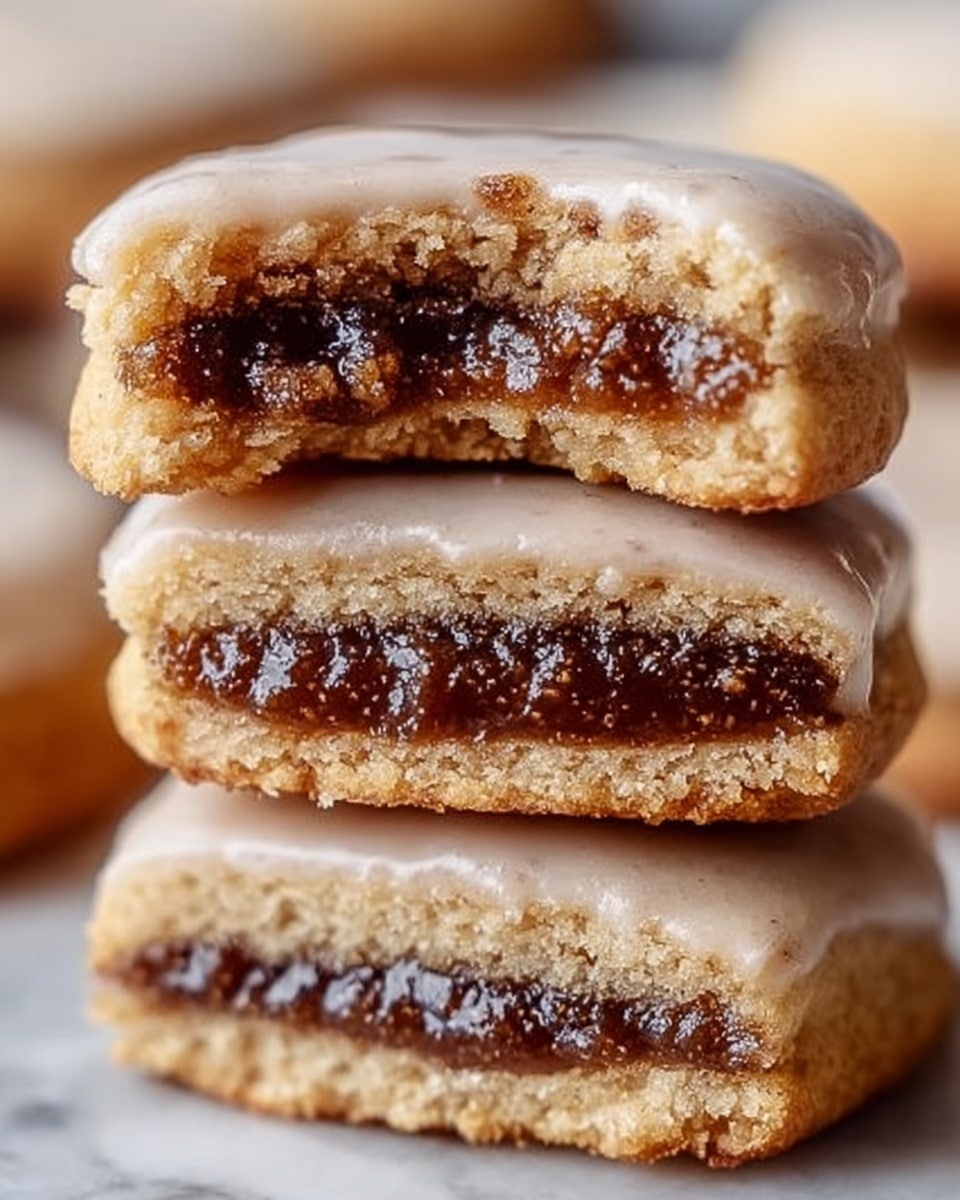 The image shows a close-up stack of three cookies on a white marbled surface, with the top cookie bitten to reveal a thick, dark brown filling inside. Each cookie has two layers: a golden-brown outer layer with a slightly rough and crumbly texture, and a shiny, light beige glaze on top that looks smooth and slightly translucent. The cookies are stacked evenly, showing the layers clearly, and the dark filling contrasts with the lighter biscuit parts. The background is softly blurred to keep the focus on the cookies. photo taken with an iphone --ar 4:5 --v 7