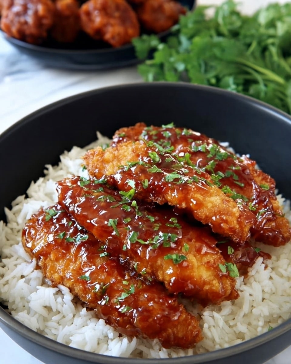 The image shows three long, golden-brown crispy chicken strips coated in a shiny, thick reddish-brown sauce with small green herb bits on top, resting on a bed of white rice. The chicken is in the center of a deep white bowl with a smooth matte black inside, sitting on a white marbled surface. In the back, there are green leafy herbs on the right and some glossy brown glazed nuggets on the left, slightly out of focus. Photo taken with an iphone --ar 4:5 --v 7