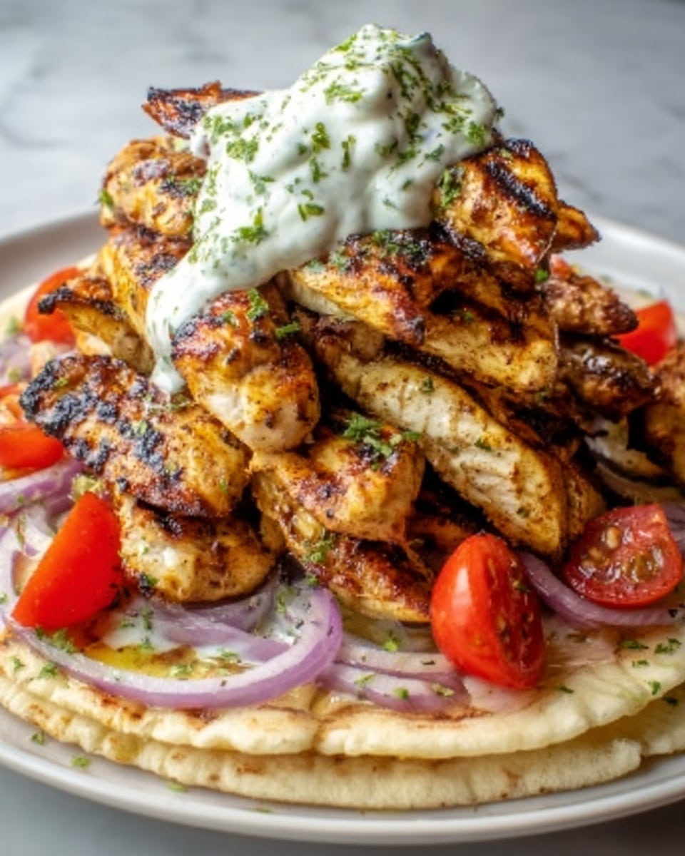 The image shows a stack of grilled chicken strips, golden brown with char marks, piled high on a round white plate. The chicken pieces are placed over a layer of light beige flatbread, which is slightly folded around the edges. Below the chicken, there are thin slices of purple onion and halved bright red cherry tomatoes peeking through. On top of the chicken pile, there is a dollop of white creamy sauce with small green herb pieces sprinkled finely all over it. The plate sits on a white marbled surface. Photo taken with an iphone --ar 4:5 --v 7