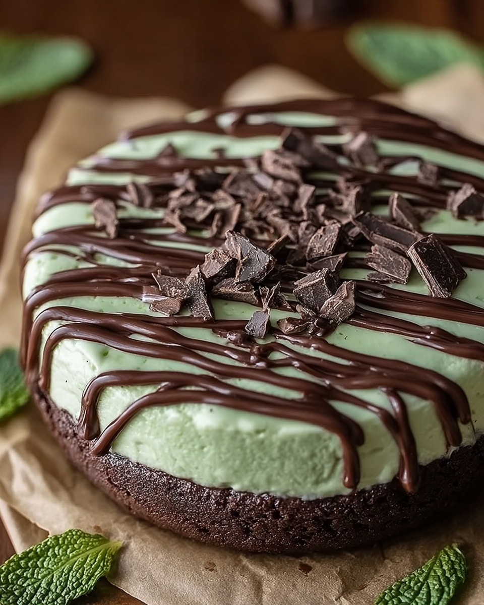 A close-up view of a round dessert with three layers: the bottom layer is a dark brown, rough-textured chocolate cookie base; the middle layer is a smooth, light green mint cream that covers the cookie base fully; the top layer features thick dark chocolate drizzles evenly spread across the mint cream, with small chopped pieces of solid dark chocolate scattered on top. The dessert sits on a piece of parchment paper with a warm brown wooden background blurred out. Fresh green mint leaves are placed around the dessert on the surface. photo taken with an iphone --ar 4:5 --v 7