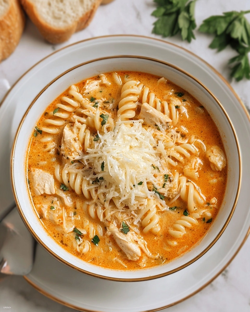 A white bowl with a gold rim is filled with a creamy orange soup that has short spiral pasta and bite-sized chunks of chicken evenly mixed in. The soup is topped with a generous pile of shredded pale yellow cheese sprinkled lightly with small bits of green herbs. The bowl rests on a white marbled surface, and in the background, there is a plate with sliced bread and a whole piece of bread nearby, both showing a light golden crust and soft crumb inside. A silver spoon lies near the bowl, and some green herb leaves are visible on the bottom right corner. photo taken with an iphone --ar 4:5 --v 7