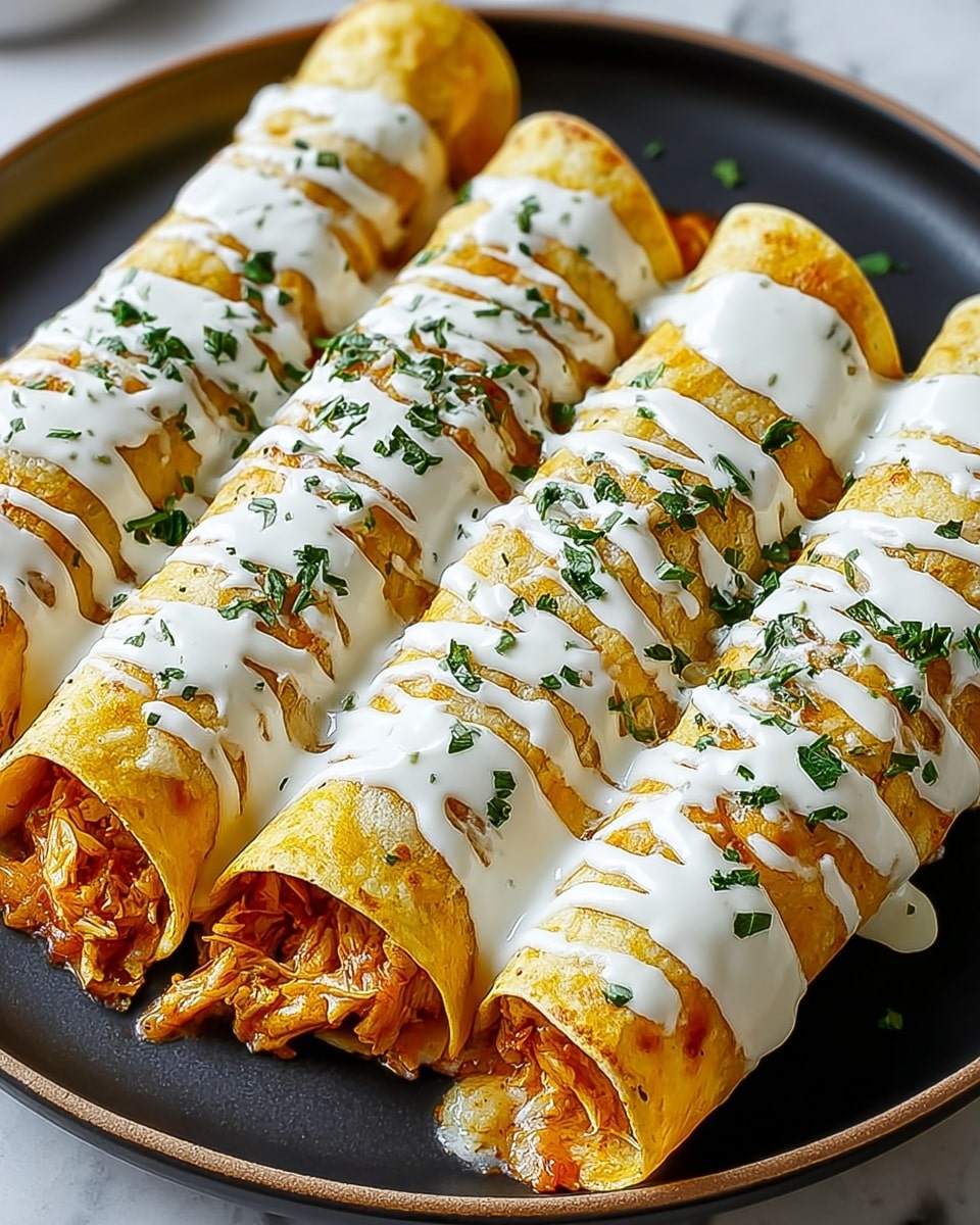 The image shows four rolled enchiladas closely placed side by side on a white round plate with a slightly raised edge. Each enchilada has a golden-yellow soft tortilla layer wrapped around a filling of light brown chicken mixture with visible small herbs. On top, thick white cream sauce is drizzled in wide stripes along the length of the enchiladas, with small chopped green herbs sprinkled over it. The plate rests on a white marbled surface, and the overall look is warm and fresh with detailed texture on the sauce and tortillas. photo taken with an iphone --ar 4:5 --v 7