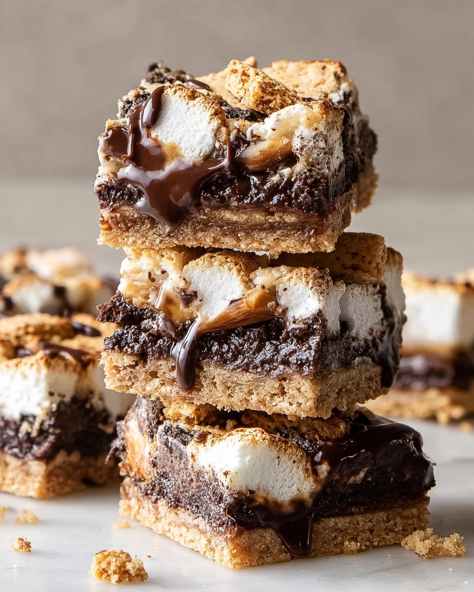 The image shows a stack of four s'mores bars on a white marbled surface. Each bar has three visible layers: the bottom layer is a light brown, crispy cracker base, the middle layer is thick, dark, gooey chocolate, and the top layer is a mixture of melted white marshmallow with bits of broken crackers scattered over it. The bars are unevenly stacked, with the top bar slightly tilted and the third bar leaning against the stack, showing melted chocolate oozing and marshmallow stretching. Small cracker crumbs are scattered around the base. Photo taken with an iphone --ar 4:5 --v 7