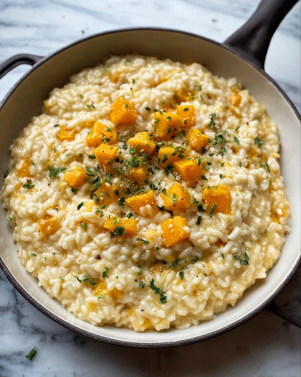 A white bowl filled with creamy risotto, topped with small orange butternut squash cubes and garnished with chopped green herbs. The risotto has a smooth, slightly shiny texture with soft grains visible beneath the squash. The dish sits on a white marbled surface. photo taken with an iphone --ar 4:5 --v 7