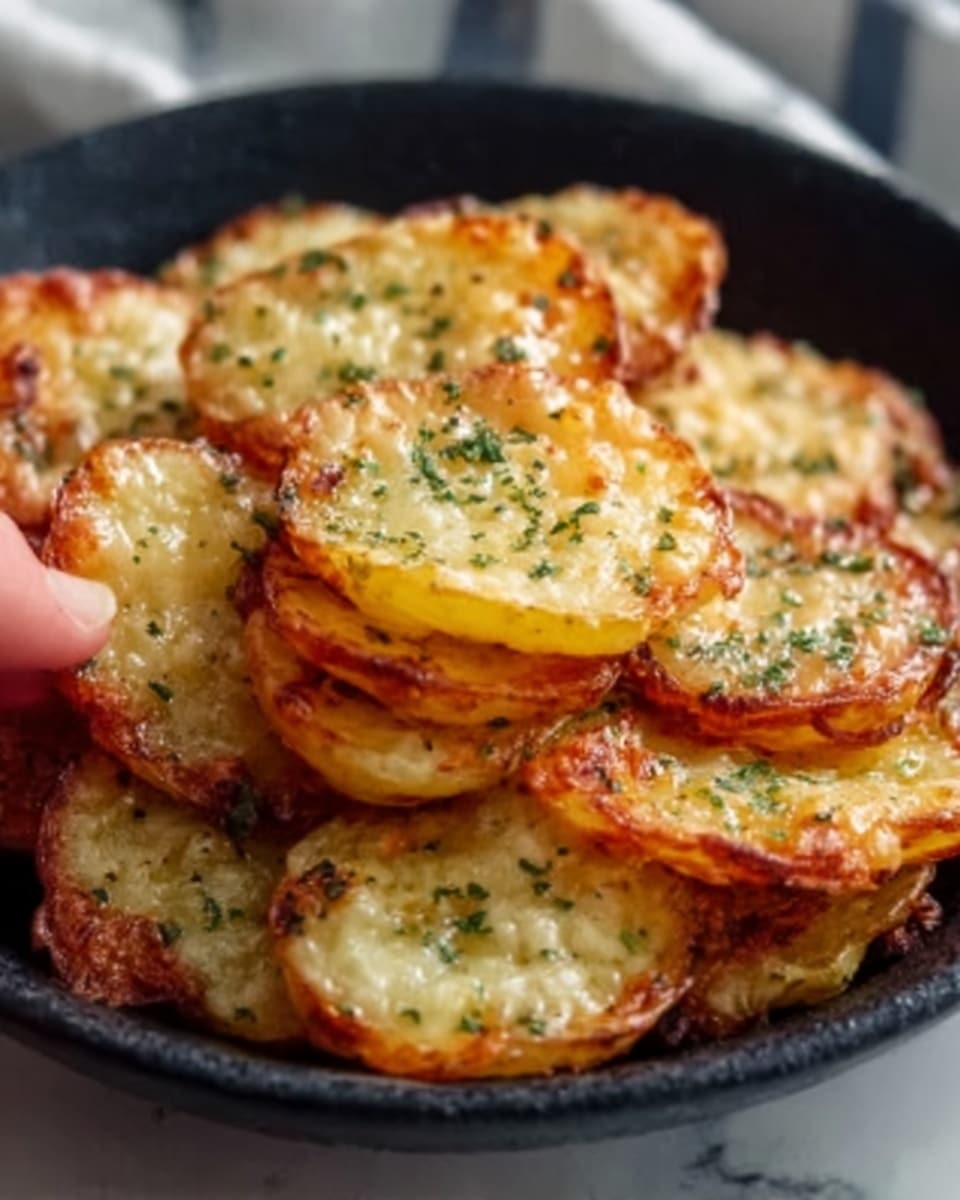 A close-up image of a black bowl filled with round, golden-brown potato slices topped with melted cheese and sprinkled with green herbs. The potato slices are stacked unevenly, showing crispy edges and a soft, slightly oily texture. The melted cheese is bubbly and slightly browned, covering each slice with a glossy, creamy layer. The bowl is set on a white marbled surface, and a woman's hand is about to pick one slice from the bowl. photo taken with an iphone --ar 4:5 --v 7