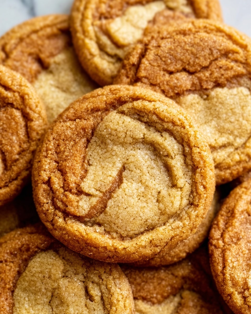A close-up image of several round, golden-brown peanut butter cookies stacked closely together. Each cookie has a slightly cracked surface texture with visible swirls and a soft, chewy appearance. The cookies show a rich, warm color gradient from light caramel to deeper brown, with some having a slight sheen of melted peanut butter on top. The image captures the cookies resting on a white marbled surface, highlighting their texture and color. Photo taken with an iphone --ar 4:5 --v 7