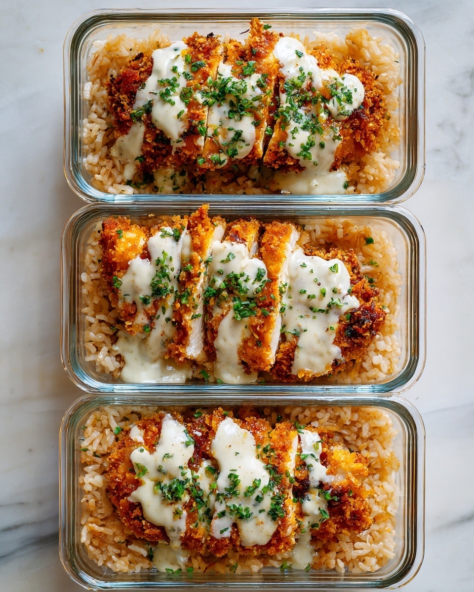 The image shows three clear glass rectangular containers lined up on a wooden board with a white marbled background. Each container holds two main layers: the bottom layer is light brown rice with a slightly oily texture, and the top layer consists of a fried chicken cutlet with a browned, crispy crust. The chicken is covered with a smooth, creamy white sauce sprinkled with small green herb pieces. The containers are viewed from an angle that shows the layers clearly and the sauce spread unevenly across the chicken pieces. photo taken with an iphone --ar 4:5 --v 7